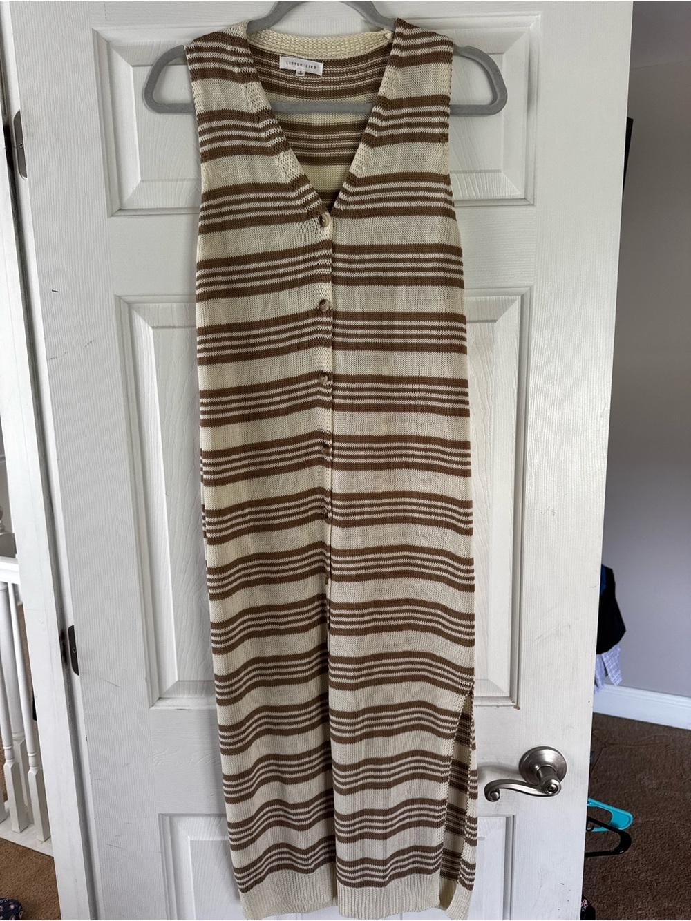 Sleeveless Striped Midi Dress in Cream and Brown